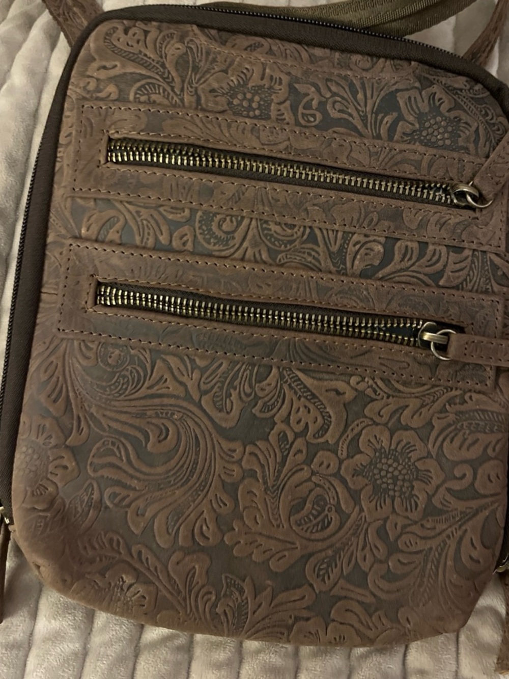 Rivet & Burr  Embossed Floral Brown Leather Concealed Carry Crossbody Bag